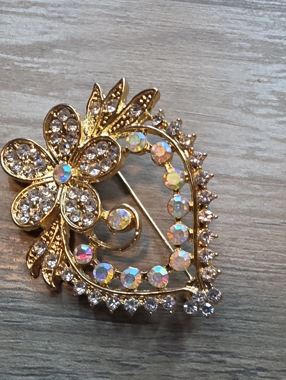 Gold Crystal Floral Heart Brooch - Gold